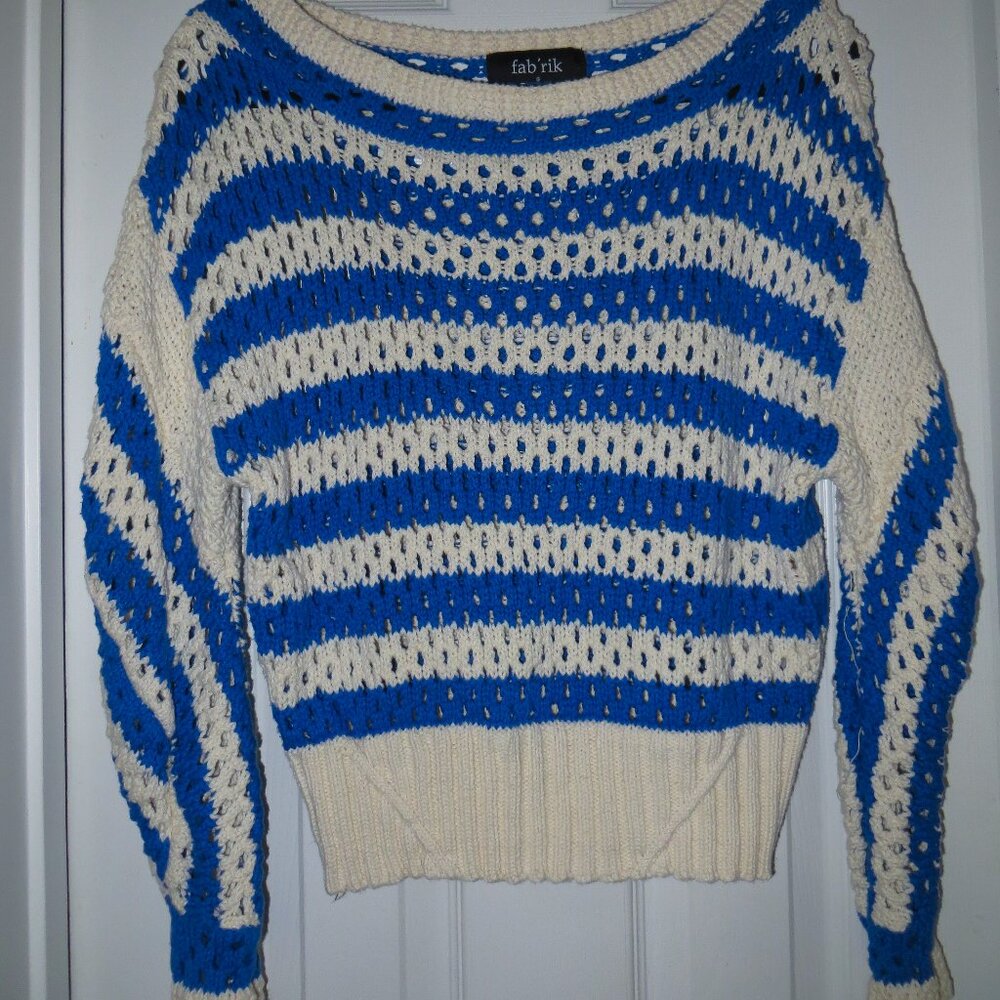 Fab’rik Blue and White Striped Open-Knit Sweater